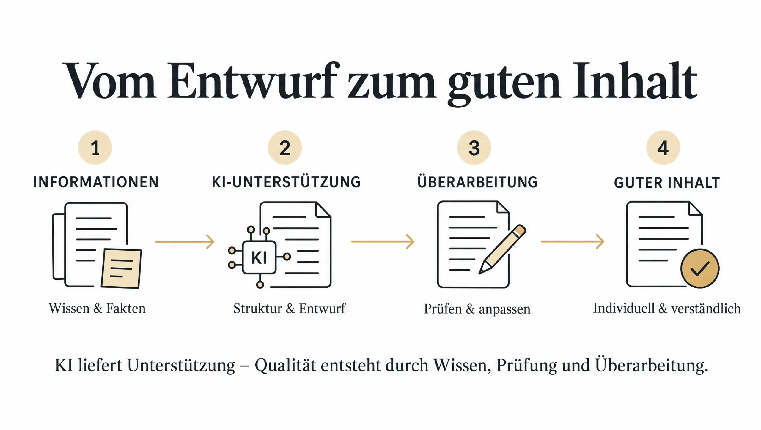 Prozess von Informationen über KI-Unterstützung bis zum fertigen Inhalt