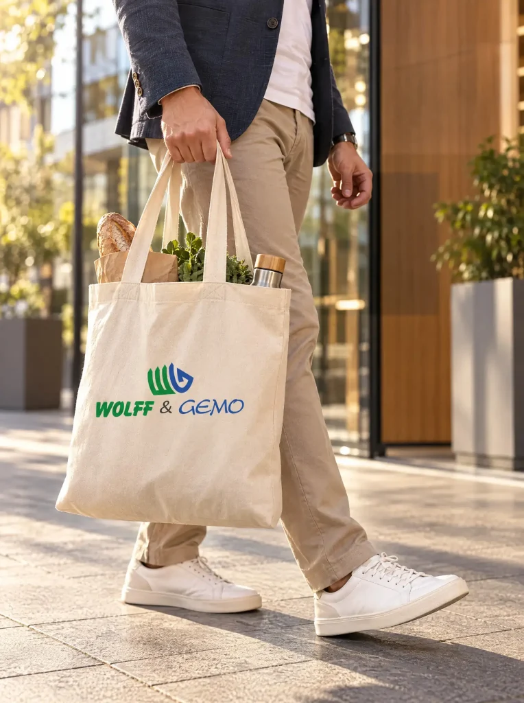 Bedruckte Werbeartikel wie Baumwolltaschen für Wolff & Gemo GmbH – professionelle Gestaltung und individuelle Markenpräsentation.