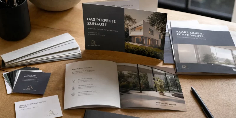 Professionell gestaltete Printprodukte auf einem Schreibtisch